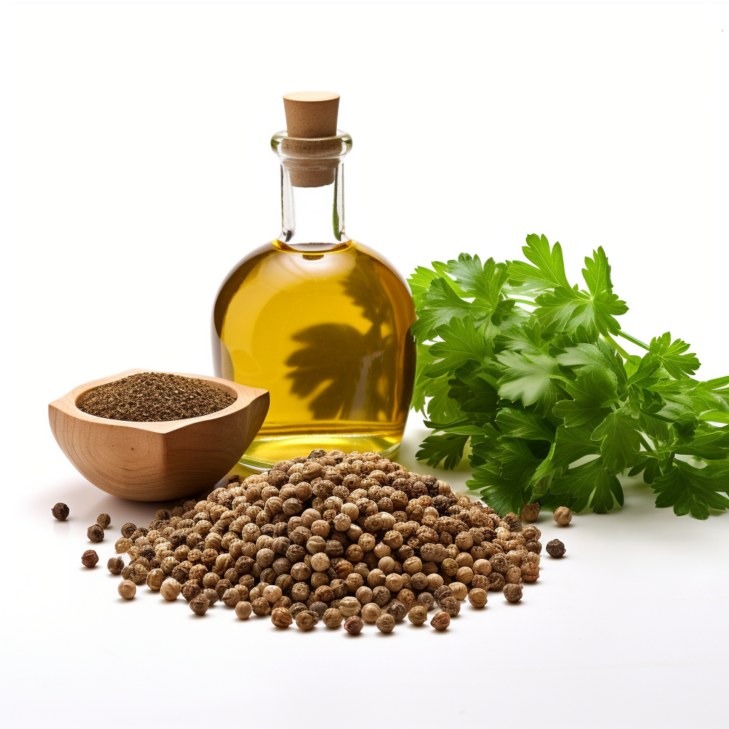 coriander seeds, leaves and a bottle of oil