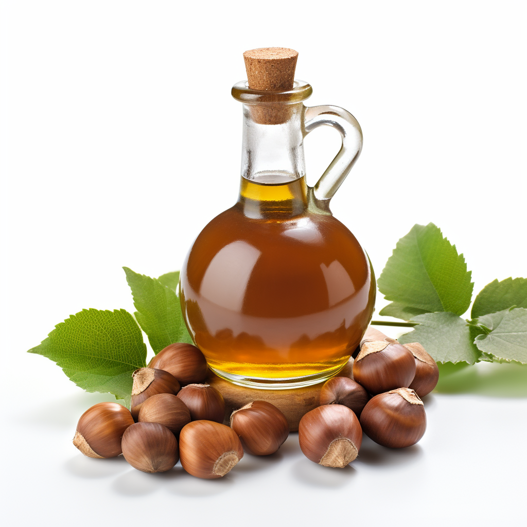 bottle of oil surrounded by hazelnuts