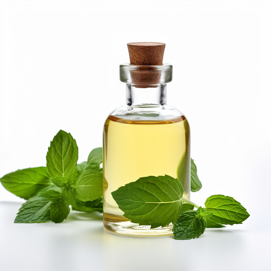 bottle of oil surrounded by mint leaves