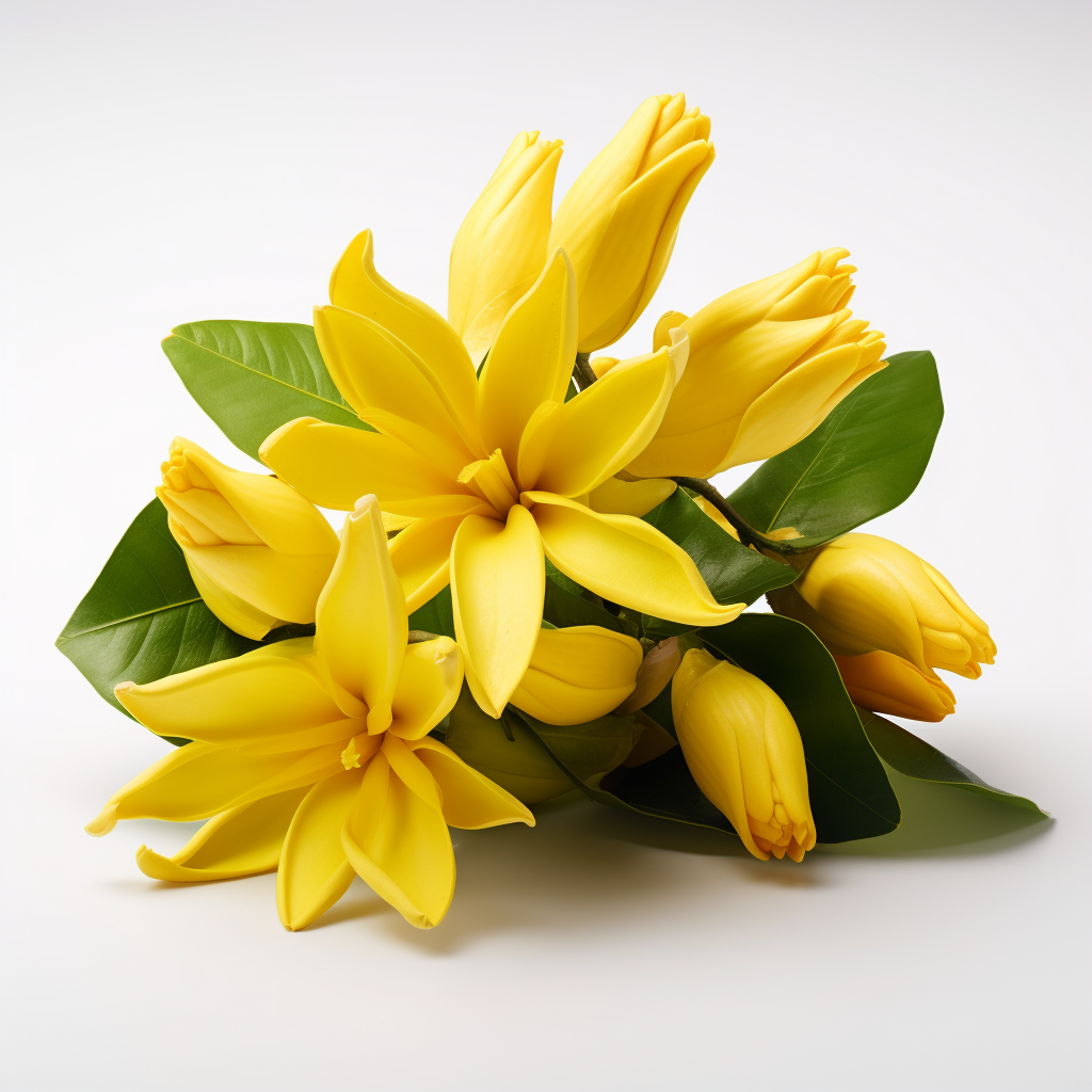 a few ylan ylang flowers arranged with some leaves on a white background