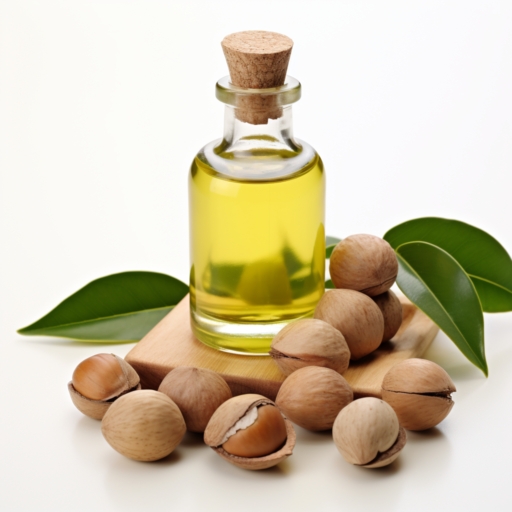 bottle of Macadamia Nut Oil surrounded by macadamia nuts