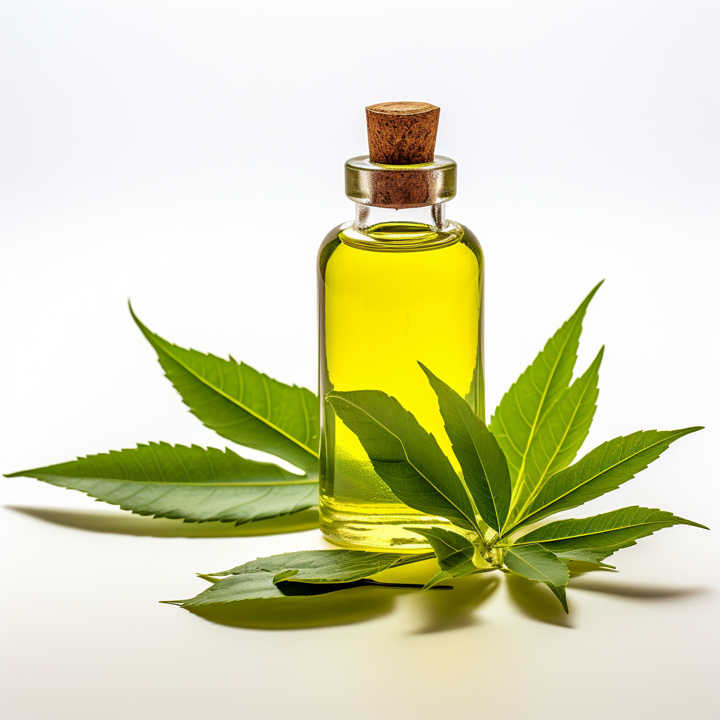 a bottle of neem oil surrounded by neem leaves