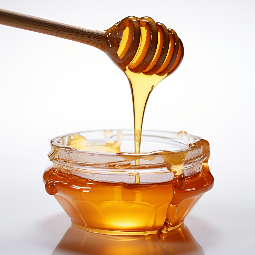 Honey container on white background