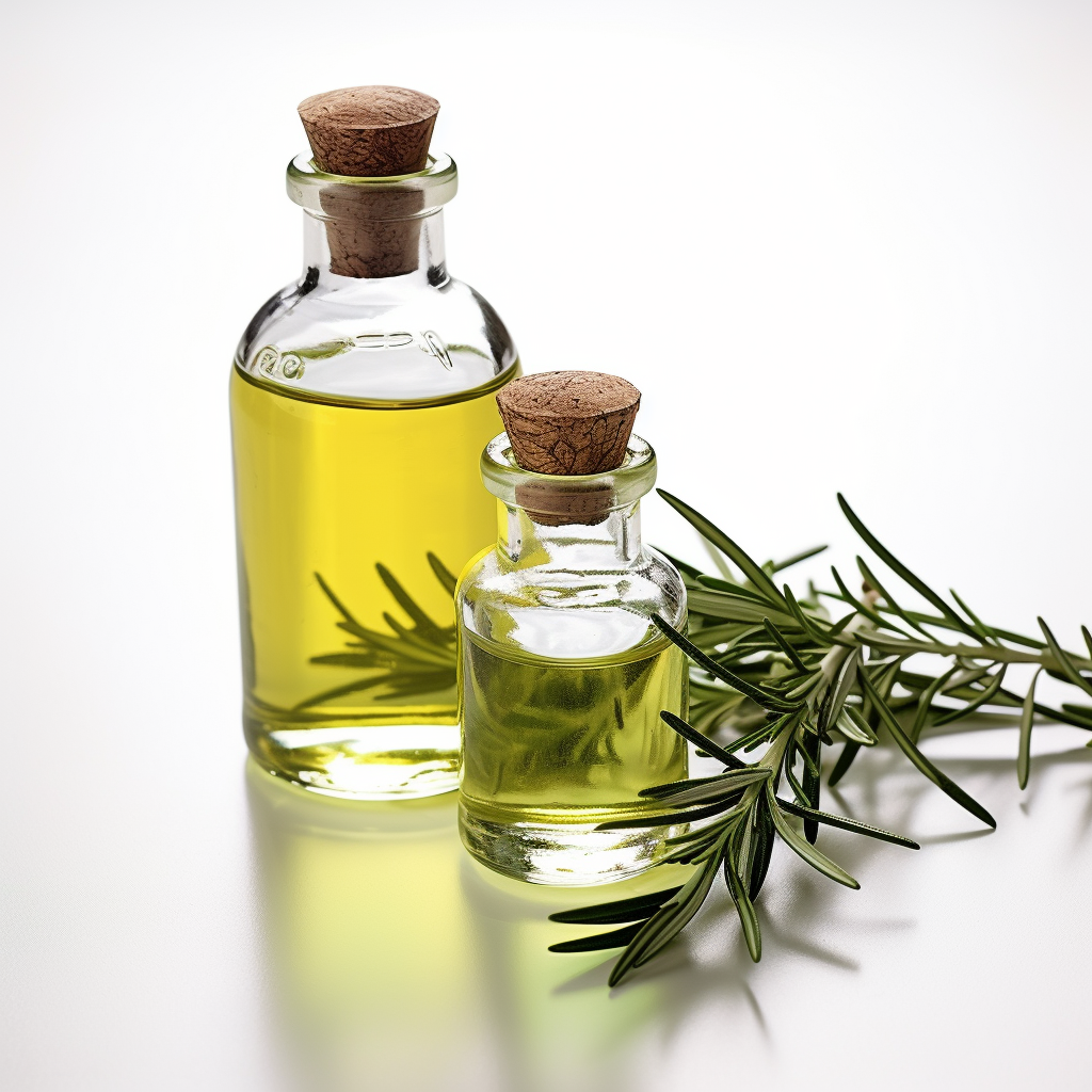 two bottles of Rosemary Oil surrounded by rosemary leaves