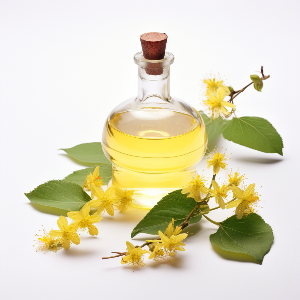 a bottle of Witch Hazel extract next to a branch of the witch hazel plant, with leaves and yellow flowers