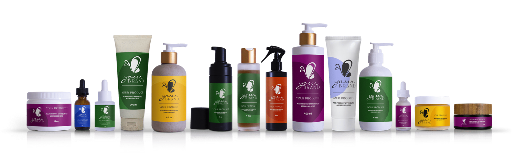 A few different types of cosmetic products arranged on a white background, all with a custom label on them