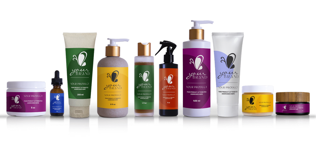 A few different types of cosmetic products arranged on a white background, all with a custom label on them