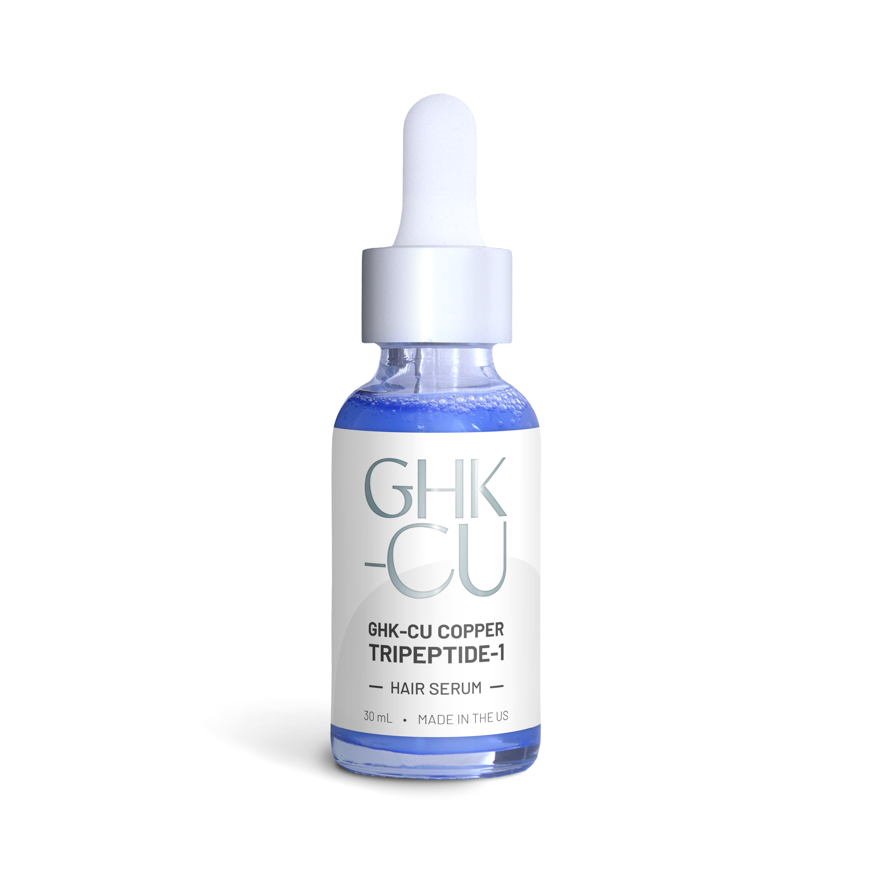 White dropper bottle with blue liquid and a white cap; label reads GHK-Cu Copper Tripeptide-1 Hair Serum (hair treatment).