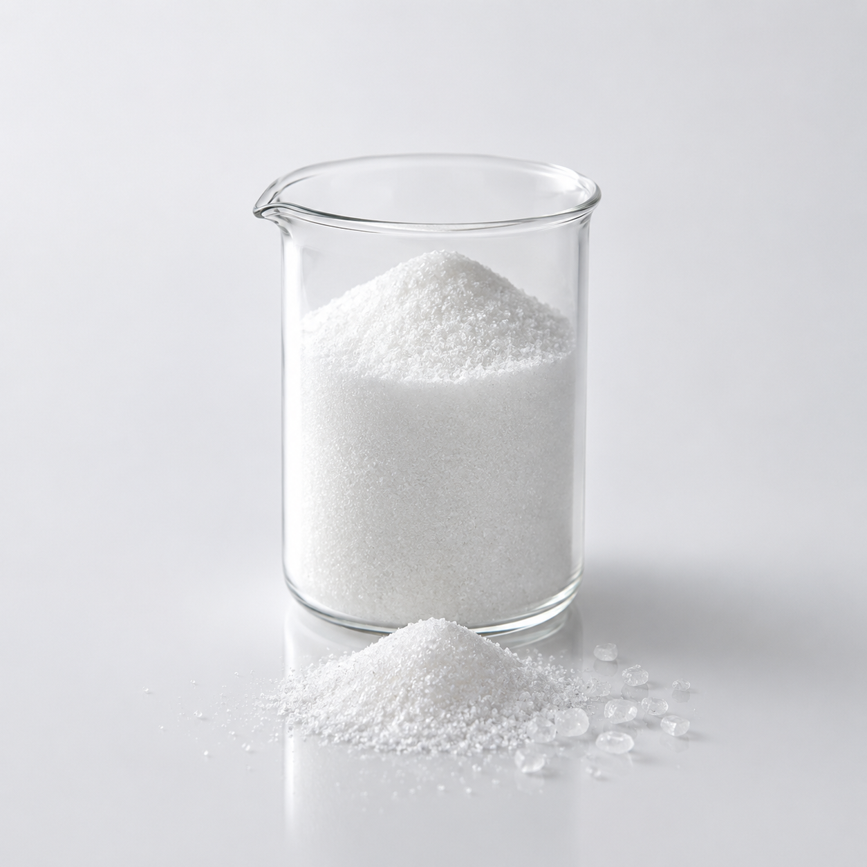 Glass beaker filled with white granulated sugar, with loose crystals spilled on the surface in front of it.