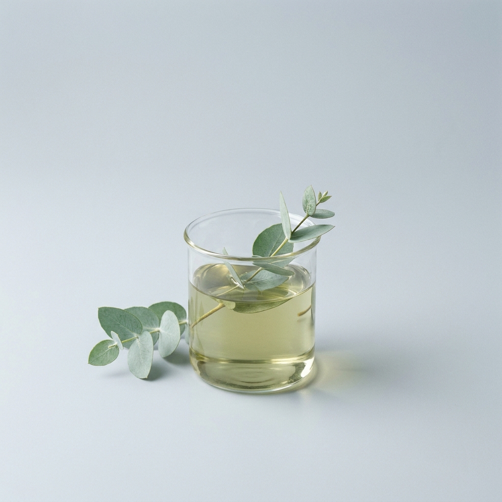 Clear glass with pale yellow-green liquid and a eucalyptus sprig resting inside and beside it on a light background.