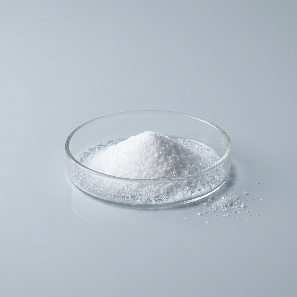 Glass petri dish holding a mound of white granulated salt with a few crystals spilled nearby on a pale blue surface.