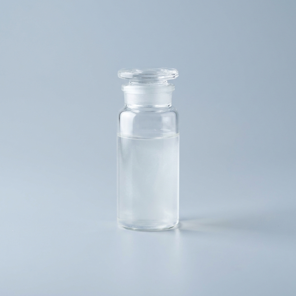 Clear glass vial with a glass stopper, containing a colorless liquid, placed on a pale blue surface.
