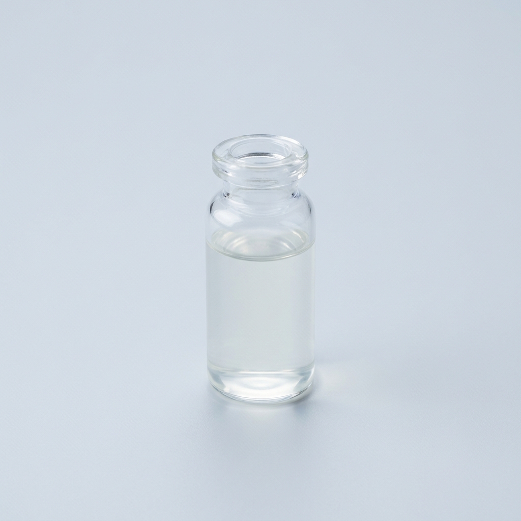 Clear glass vial containing a small amount of transparent liquid on a light surface.