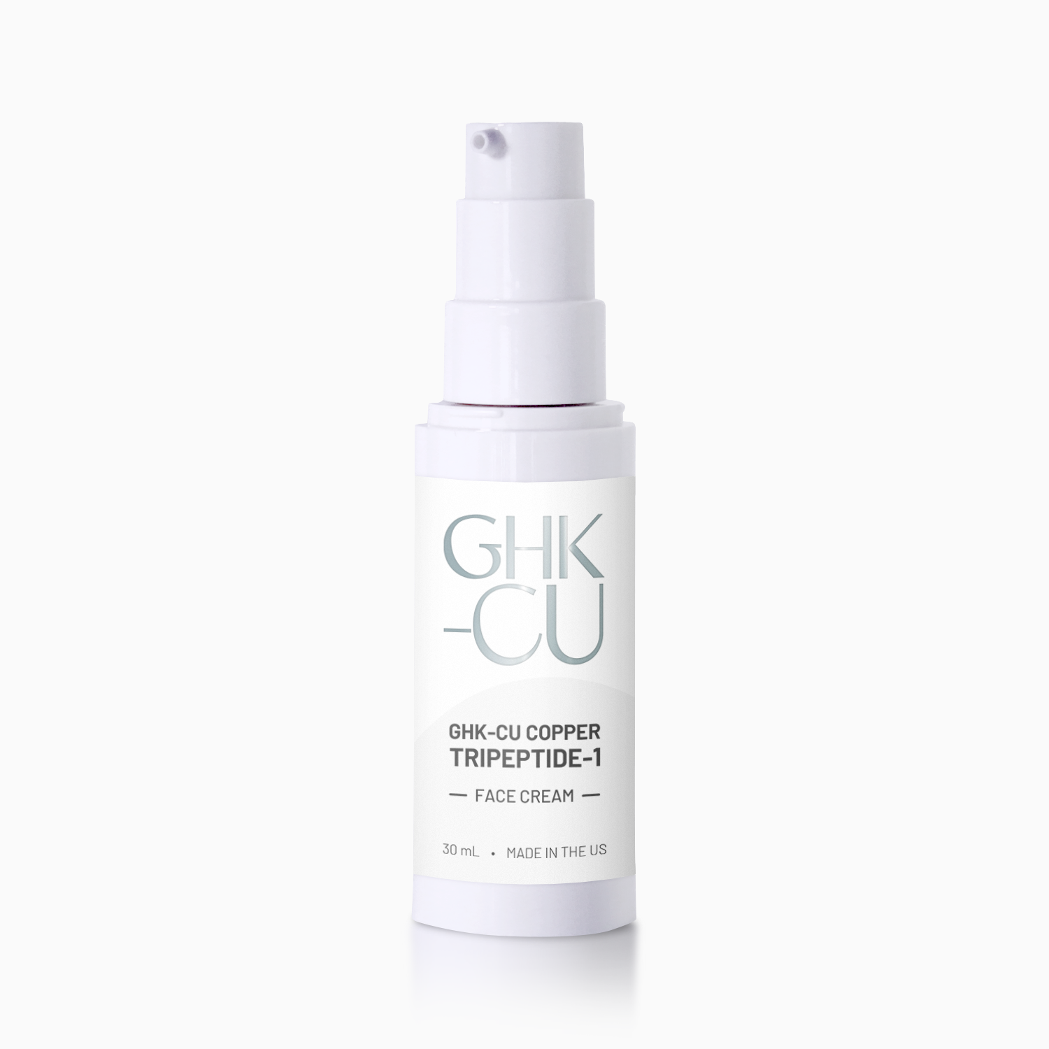 White cosmetic spray bottle with label reading 'GHK-CU Copper Tripeptide-1 Face Cream', 30 ml, made in the US