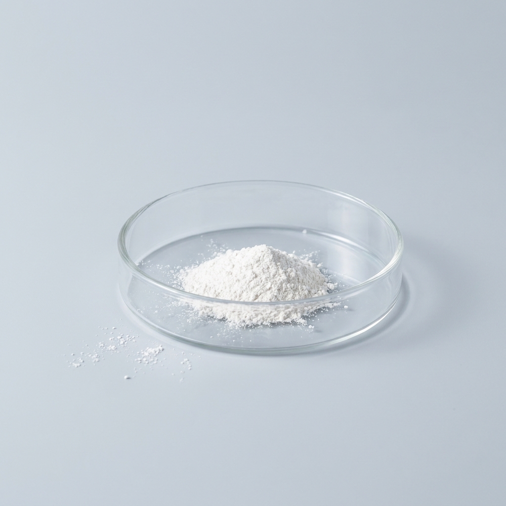 Pile of white powder (flour) in a glass dish on a pale blue surface.