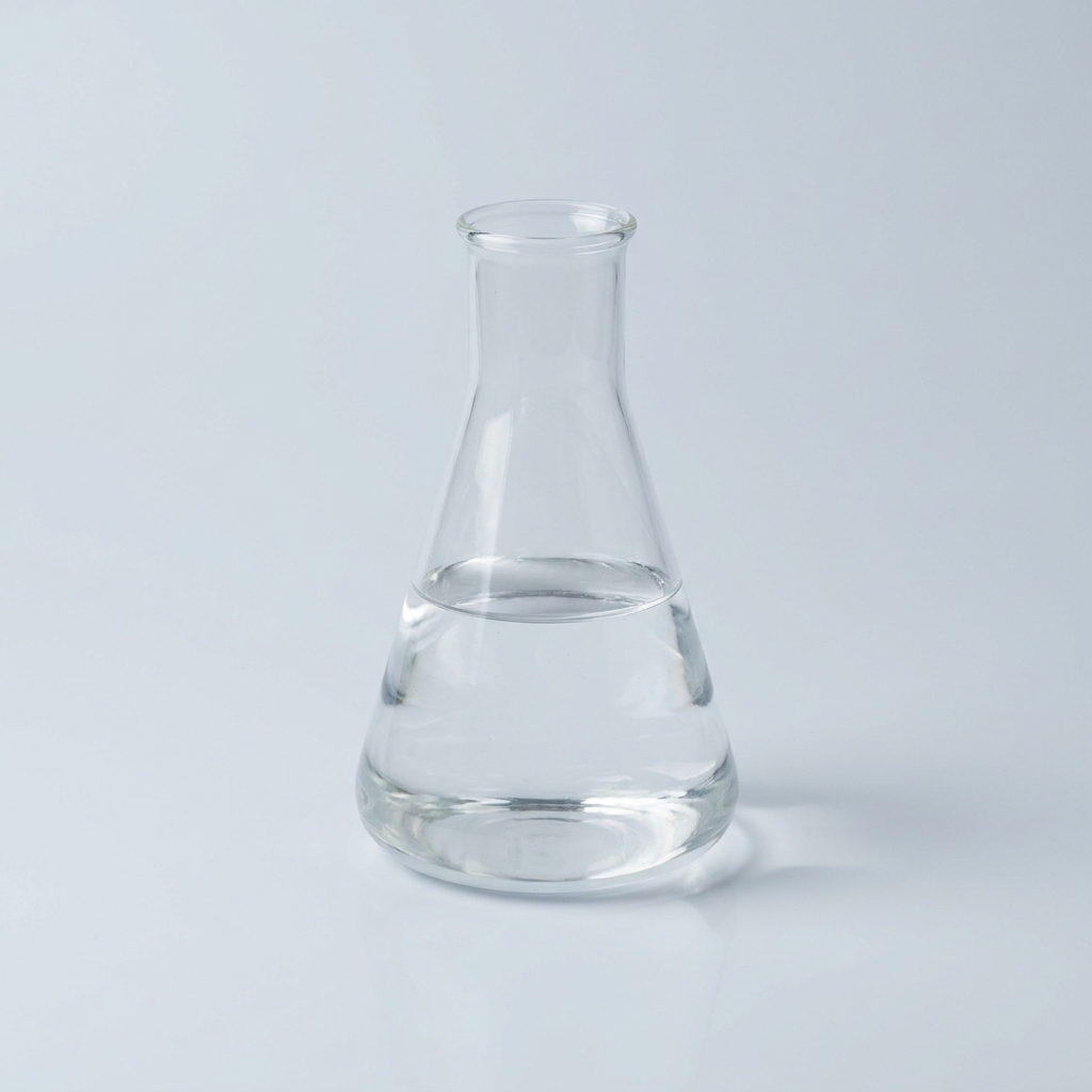 Clear glass laboratory flask (Erlenmeyer) partially filled with water on a white surface.