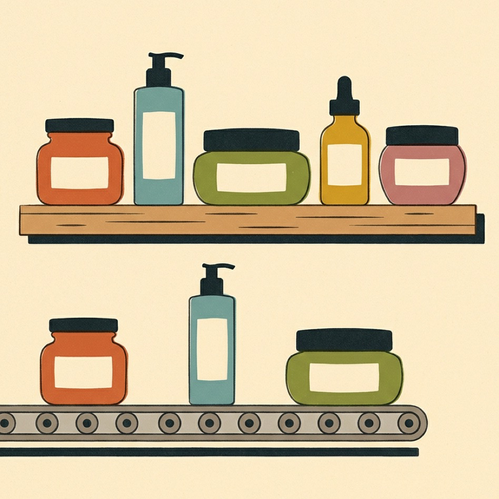 Colorful cosmetic containers—jars and bottles—on a wooden shelf above a conveyor belt, like a production line diagram.