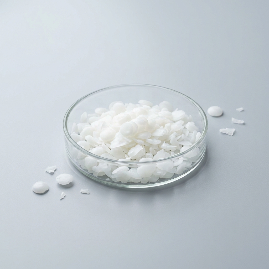 Glass bowl filled with white flakes, scattered on a pale surface.