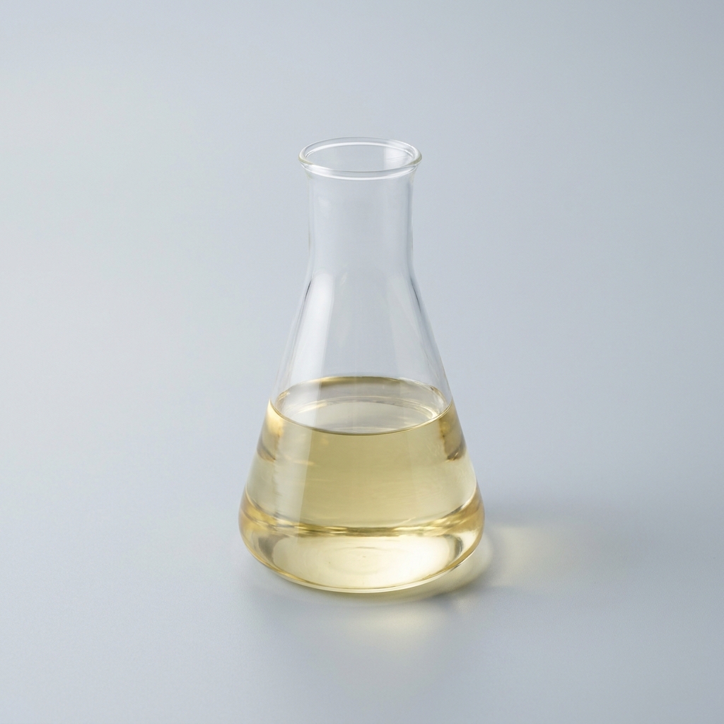 Erlenmeyer flask with pale yellow liquid on a light gray background, glassy and transparent.