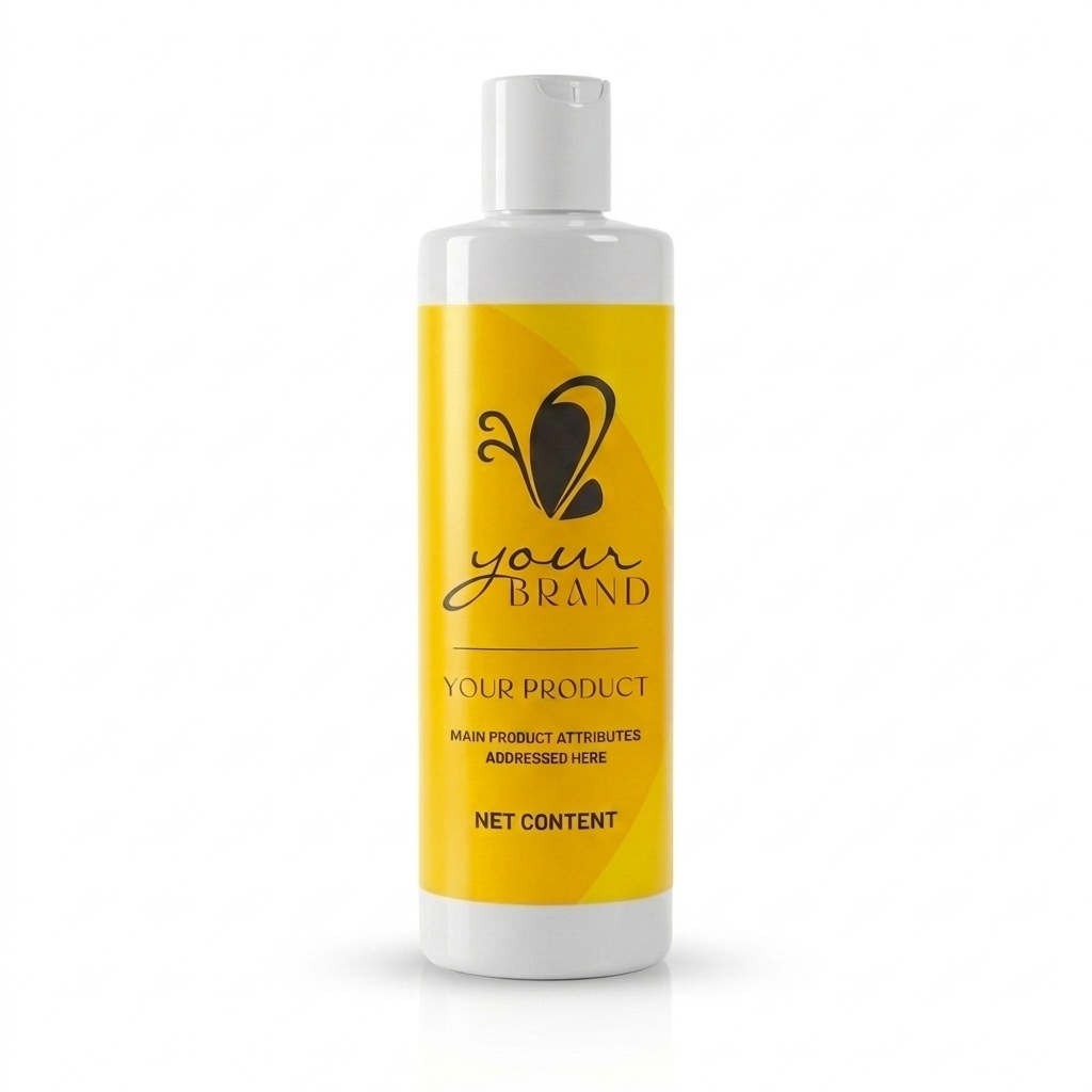 Shaving Gel in a white bottle with a yellow label